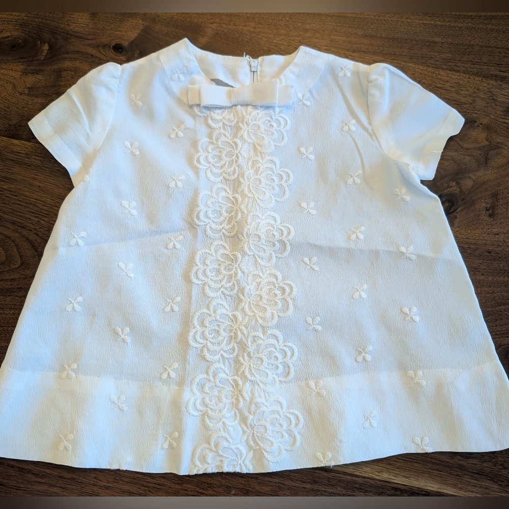 60s Vintage White Floral Embroidered‎ Silky Toddler Girl Dress MCM Mod